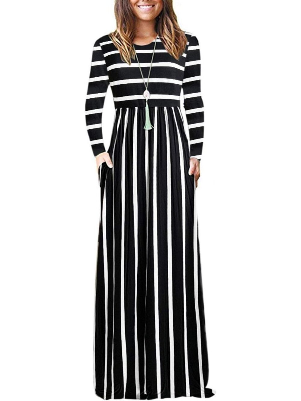 Women's Black White Stripes Crew Neck Long Sleeve Pull On Soft Pocket Maxi Dress